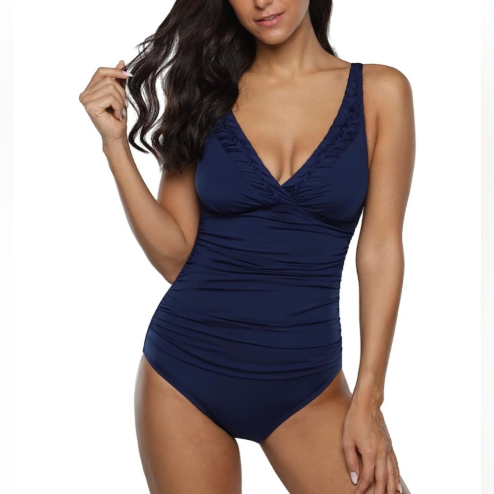 Hilor Women's One Piece Swimsuits Pin Tucked Surplice Swimwear Tummy  Size 14